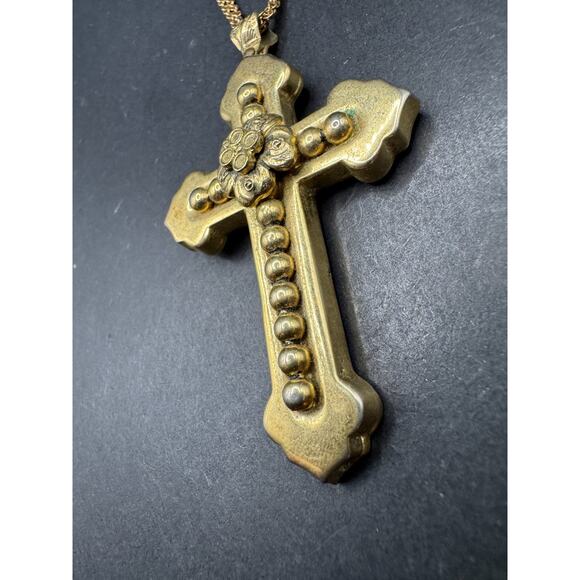 Vtg Whiting & Davis Beaded Floral Gold Tone Cross Pendant Dual Chain Necklace - Picture 3 of 10